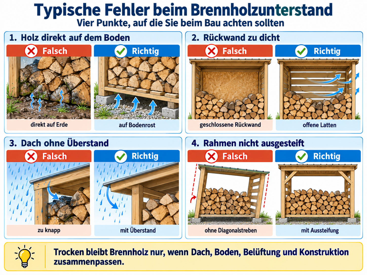 Vergleich von vier Fehlern beim Brennholzunterstand: Holz auf Erde, geschlossene Rückwand, fehlender Dachüberstand und nicht ausgesteifter Rahmen.
