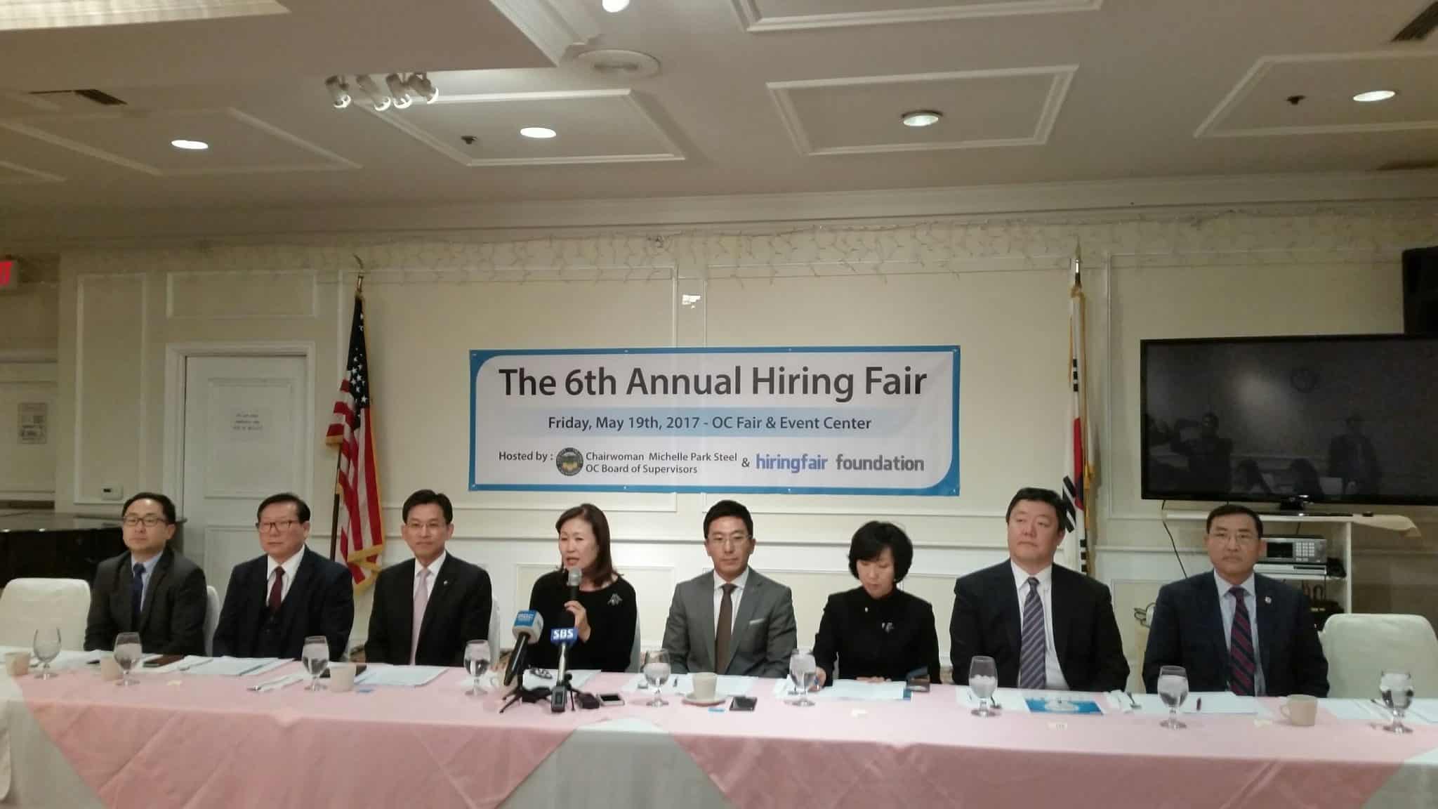 Nonprofit group Hiring Fair Foundation is announcing the plan to host a job fair in Orange County in May. Orange County Supervisor Commission’s Michelle Steel (fourth from left) is giving an introductory speech at the press conference.