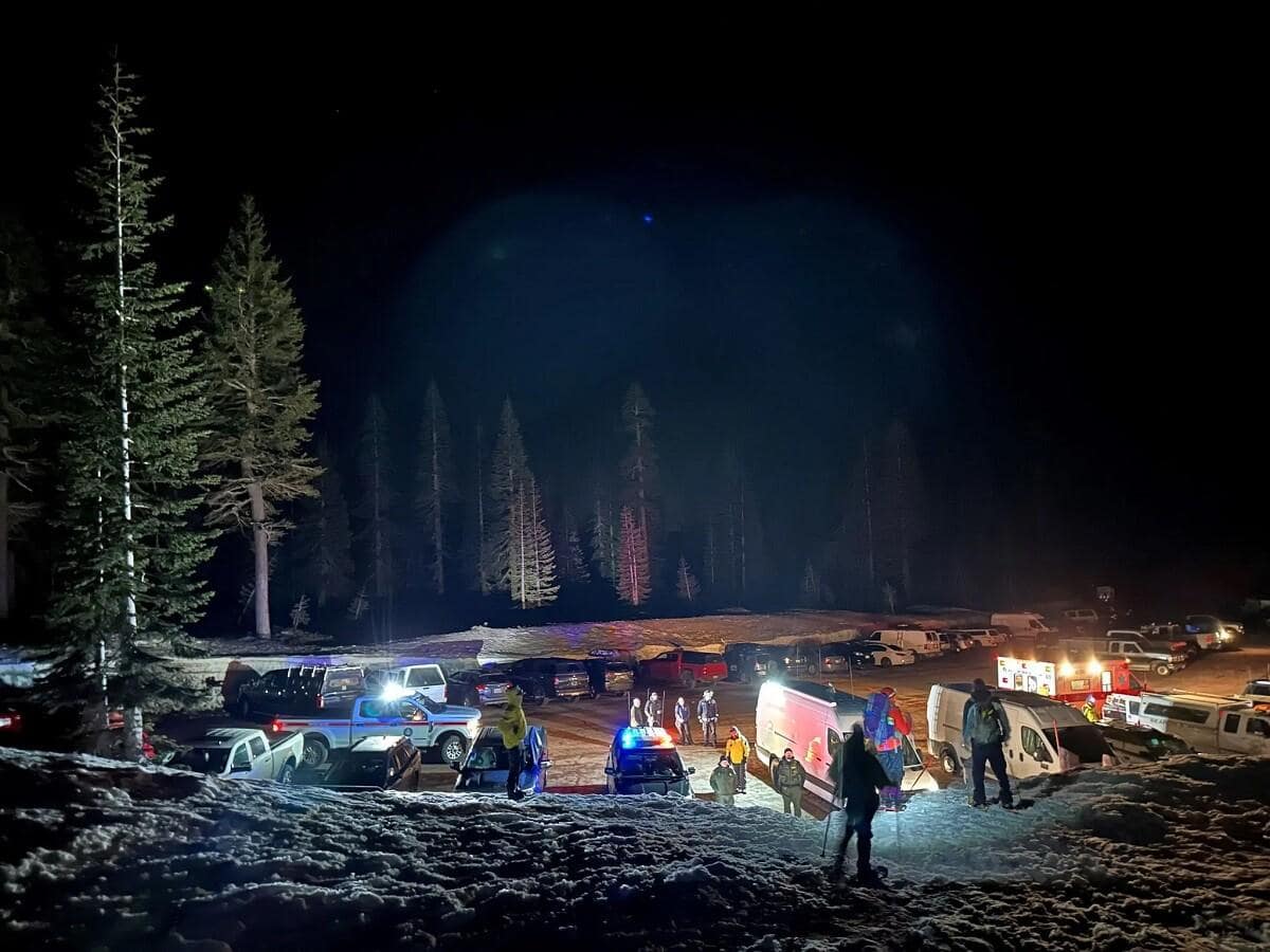 Nighttime scene of an avalanche rescue on Mount Shasta. Emergency vehicles with flashing lights illuminate a snowy area where rescuers are assisting injured climbers. Forested background, with a police car, ambulance, and US Forest Service vehicles. The daring 11-hour rescue operation highlights the risks of California climbing.