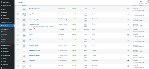 select edit option under product title in all products menu