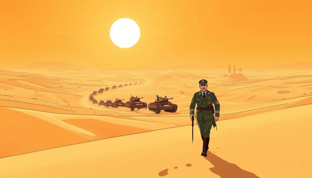 A vast, arid desert landscape under a scorching sun, with a lone figure in the foreground – Erwin Rommel, the Desert Fox, striding purposefully across the sands. His uniform is crisp, his face determined, his compass guiding him through the shifting dunes. In the middle ground, a column of armored vehicles and tanks advance, their treads kicking up clouds of dust. In the distance, the horizon is punctuated by the silhouettes of fighter planes and anti-aircraft guns, signaling the onset of the Second World War. The scene conveys a sense of impending conflict, Rommel's rise to the rank of Generalfeldmarschall, and the looming battles that would define his legacy. A vast, arid desert landscape under a scorching sun, with a lone figure in the foreground – Erwin Rommel, the Desert Fox, striding purposefully across the sands. His uniform is crisp, his face determined, his compass guiding him through the shifting dunes. In the middle ground, a column of armored vehicles and tanks advance, their treads kicking up clouds of dust. In the distance, the horizon is punctuated by the silhouettes of fighter planes and anti-aircraft guns, signaling the onset of the Second World War. The scene conveys a sense of impending conflict, Rommel's rise to the rank of Generalfeldmarschall, and the looming battles that would define his legacy.