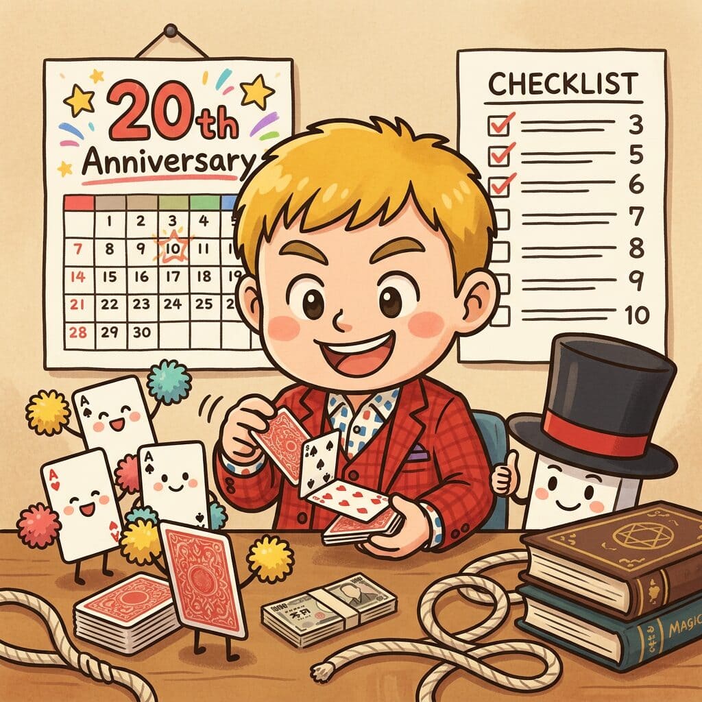 銀座GINZA SIXで鏡張りマジック!? 芸歴20周年に向けて3つの新作に挑む富山マジシャンの舞台裏 15 芸歴20周年に向けてカードやお札の新作マジックを練習するコンプレッサーのチビキャラ風イラスト