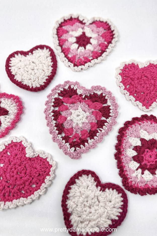 pink striped granny stitch hearts with picot trim