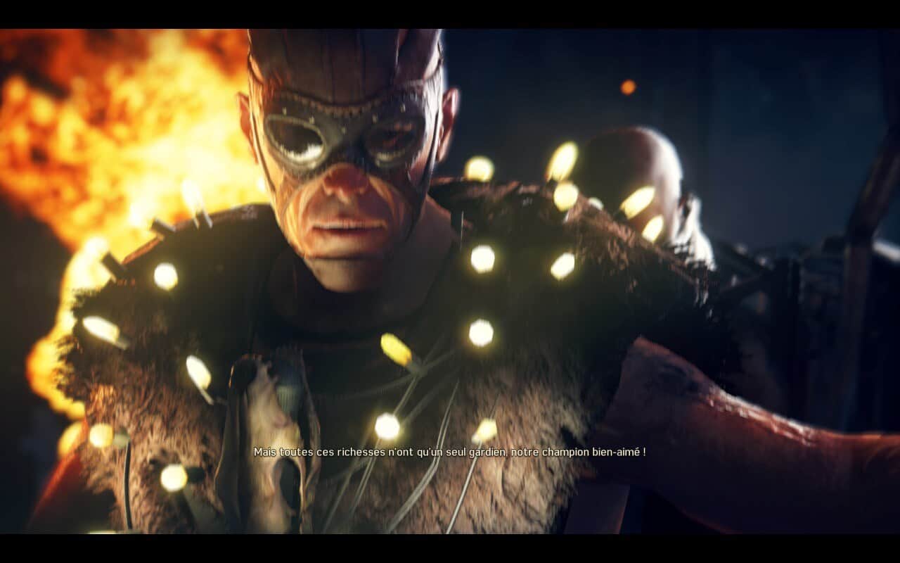 Combat de héros, explosion et scène de guerre dans un jeu vidéo de combat, personnage principal en masque et costume militaire, atmosphère intense et dramatique, air-gaming, jeu vidéo d'action, environnement spectaculaire avec explosions et effets de lumière dynamiques.