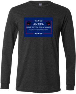 Dark grey heather long sleeve tee with "Antifa: Make Antifa Great Again, Anti-Fascists for President" design in blue and red rectangle with stars and Antifa logos. A premium cotton anti-fascist shirt.