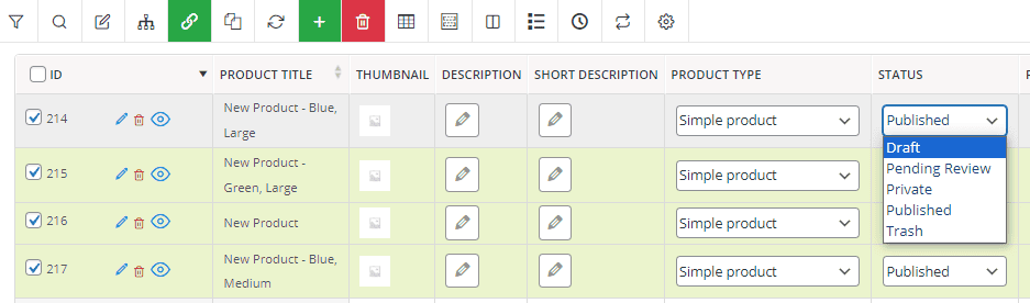select draft status in WooCommerce products table
