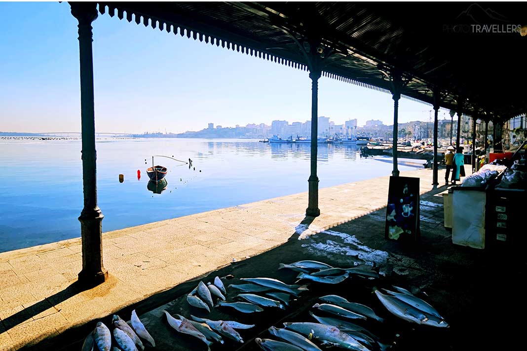 Viele Fische liegen aufgereiht auf einer Auslage am überdachten Fischmarkt von Taranto
