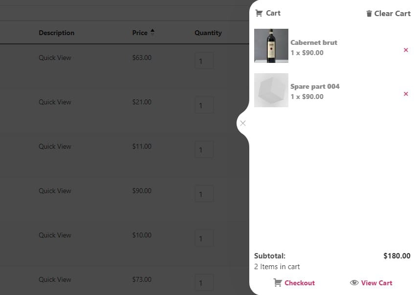 result mini cart element in restaurant ordering system