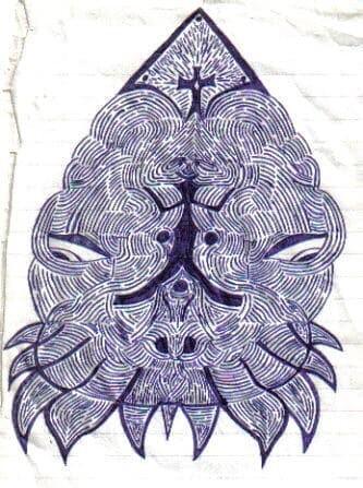 Intricate pen and ink drawing of a symmetrical, stylized face or mask. The design incorporates sacred geometry patterns, with swirling lines and a central cross. The artwork exemplifies the symbolism of sacred geometry in art and design.