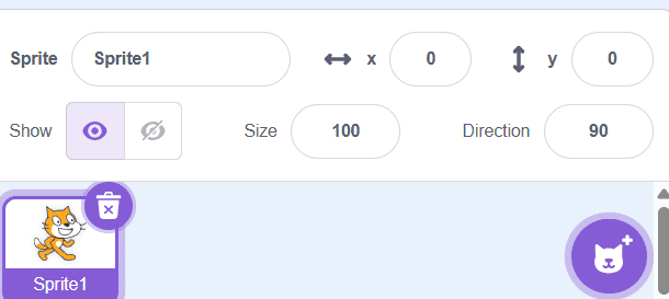 Scratch sprite properties panel showing x y position coordinates size and direction settings