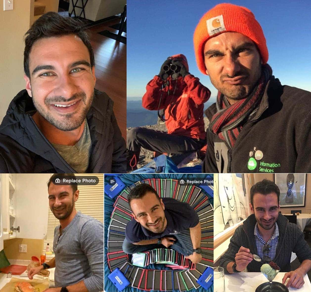 Collage of a man in various settings: taking a selfie, outdoors with another person, cooking, dining, and posing above a circular object.