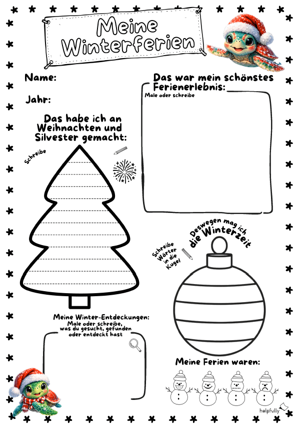 Süße Vorlage für die Grundschule mit Erlebnissen zu den Winterferien zum Ausfüllen