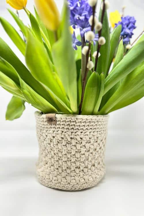 crochet planter cover with yellow and blue spring flowers