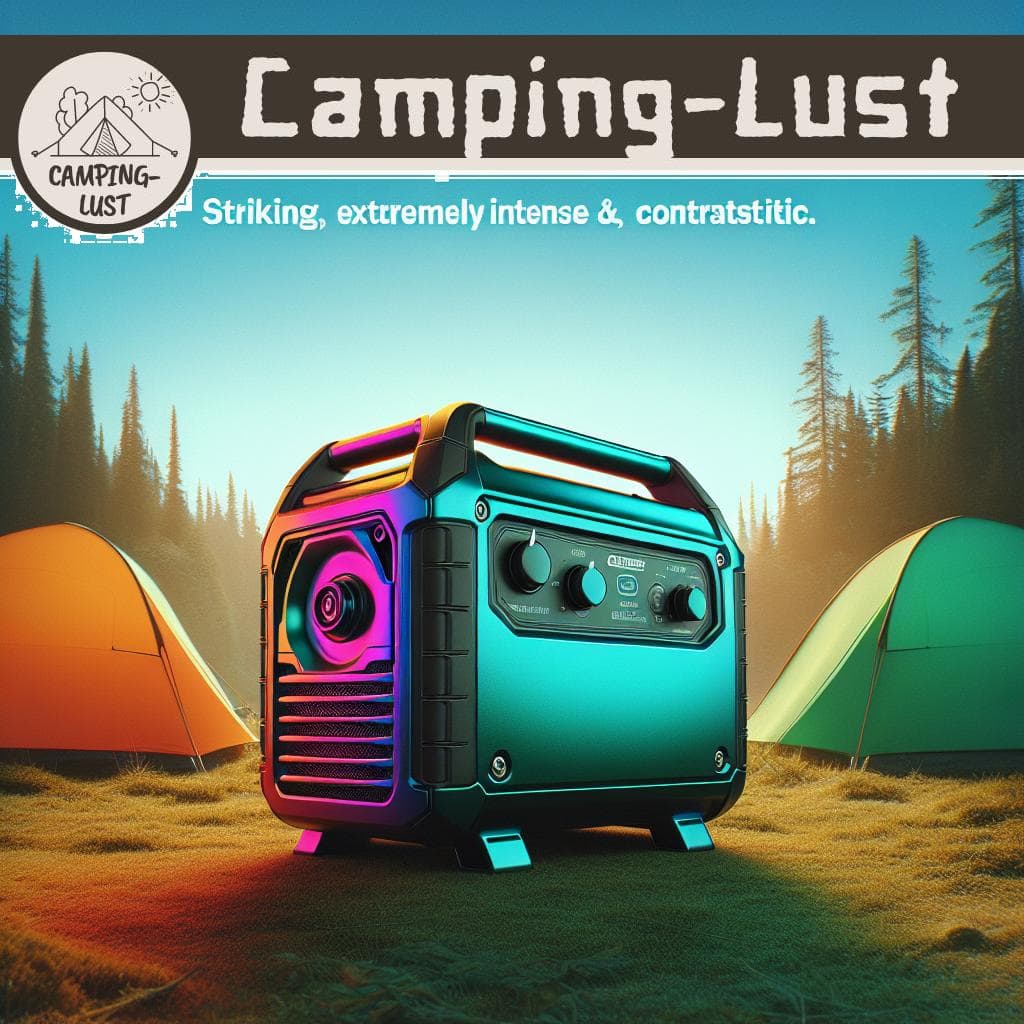 Ein tragbarer Camping-Stromgenerator, der auf einem grünen Rasen neben einem Zelt steht.