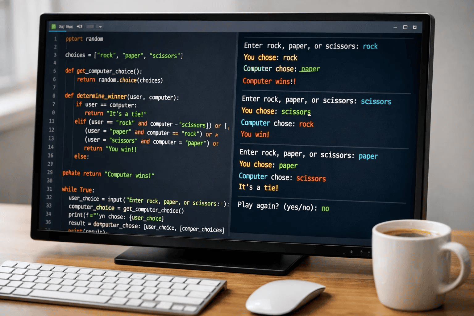 Python coding challenge showing Rock Paper Scissors game code with colorful terminal output on professional developer workspace