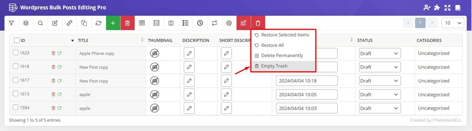Empty trashed posts in WordPress post bulk edit plugin