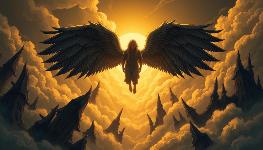 A surreal album cover depicting a winged, human-like figure soaring over a dark, twisted landscape. The figure's face is obscured, shrouded in a hazy, ethereal glow, conveying a sense of mystery and introspection. The background is a dreamlike fusion of jagged, angular structures and ethereal, billowing clouds, creating a sense of unease and disorientation. Warm, golden light filters through the clouds, casting a moody, atmospheric glow over the entire scene. The composition is balanced and symmetrical, drawing the viewer's eye to the central figure. The overall tone is one of contemplation, melancholy, and the exploration of the human psyche. A surreal album cover depicting a winged, human-like figure soaring over a dark, twisted landscape. The figure's face is obscured, shrouded in a hazy, ethereal glow, conveying a sense of mystery and introspection. The background is a dreamlike fusion of jagged, angular structures and ethereal, billowing clouds, creating a sense of unease and disorientation. Warm, golden light filters through the clouds, casting a moody, atmospheric glow over the entire scene. The composition is balanced and symmetrical, drawing the viewer's eye to the central figure. The overall tone is one of contemplation, melancholy, and the exploration of the human psyche.