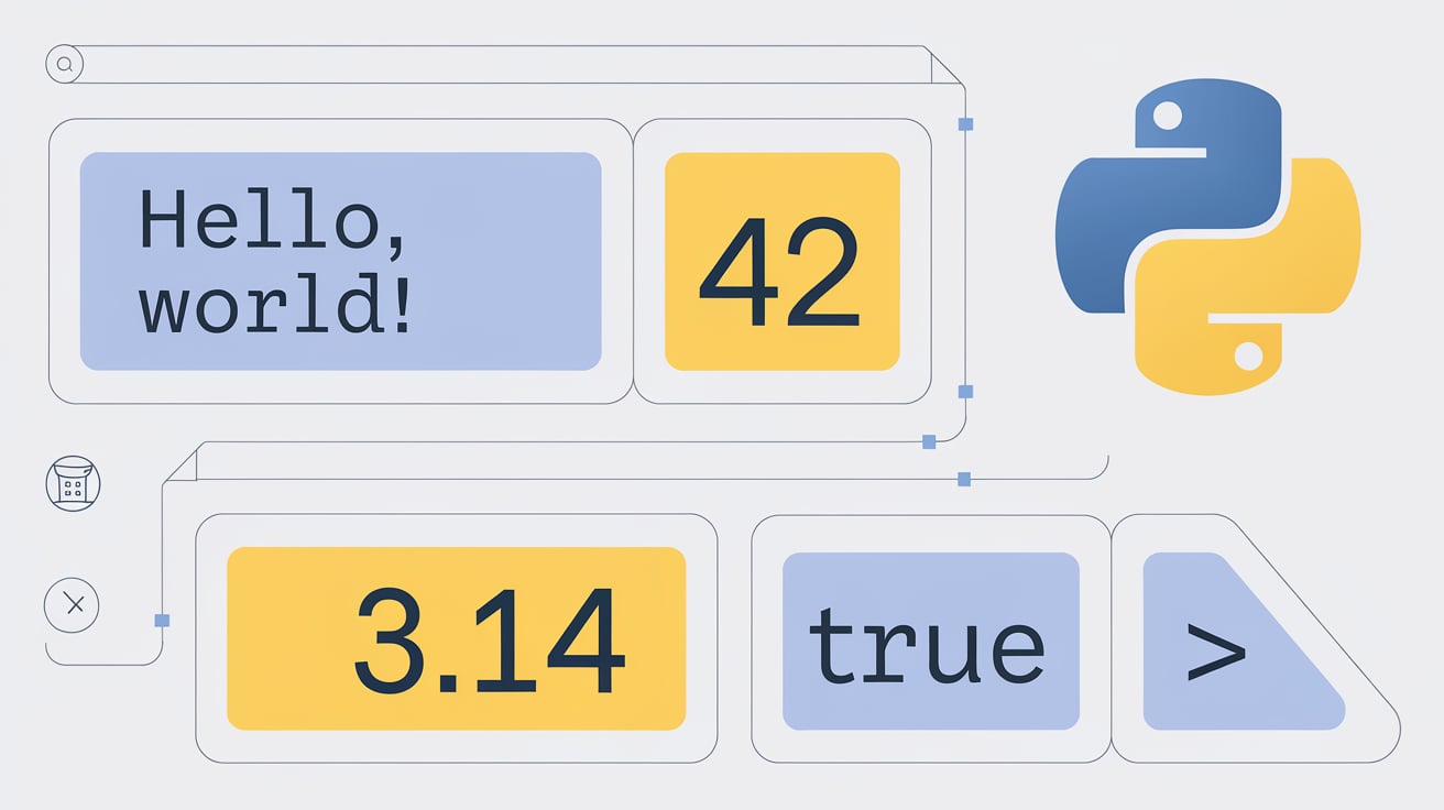 A clean, modern illustration showing the concept of Python variables. The image features several labeled containers (representing variables) with different colored contents - one with text (representing strings), one with numbers (representing integers), one with decimal numbers (representing floats), and one with True/False values (representing booleans). Include the Python logo subtly in the corner. The color scheme should use Python's blue and yellow colors with a white background. The image should be clear, educational, and visually appealing for beginners learning about Python variables.
