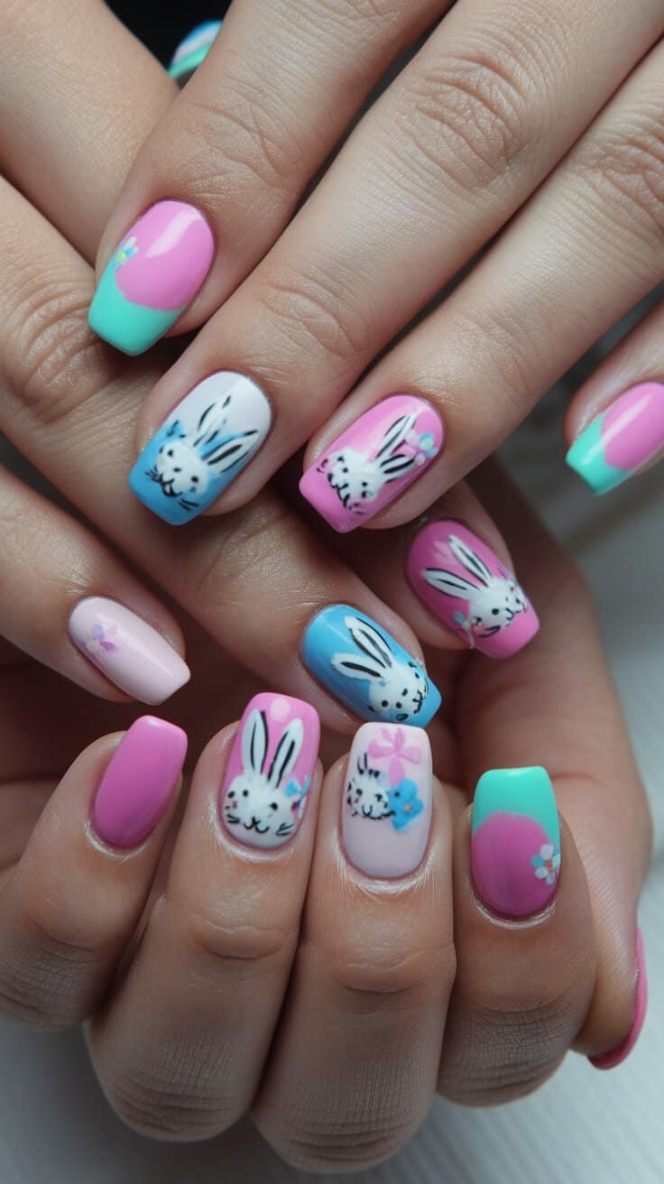 Close-up of bright pastel bunny nail art on long coffin-shaped nails.
