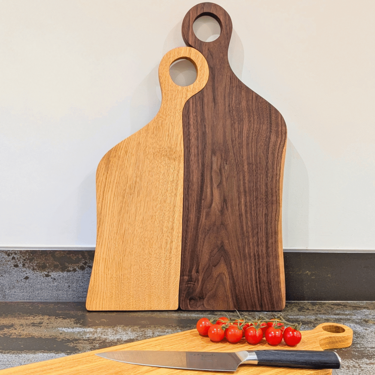 Romeo & Juliet serving boards stood up in kitchen