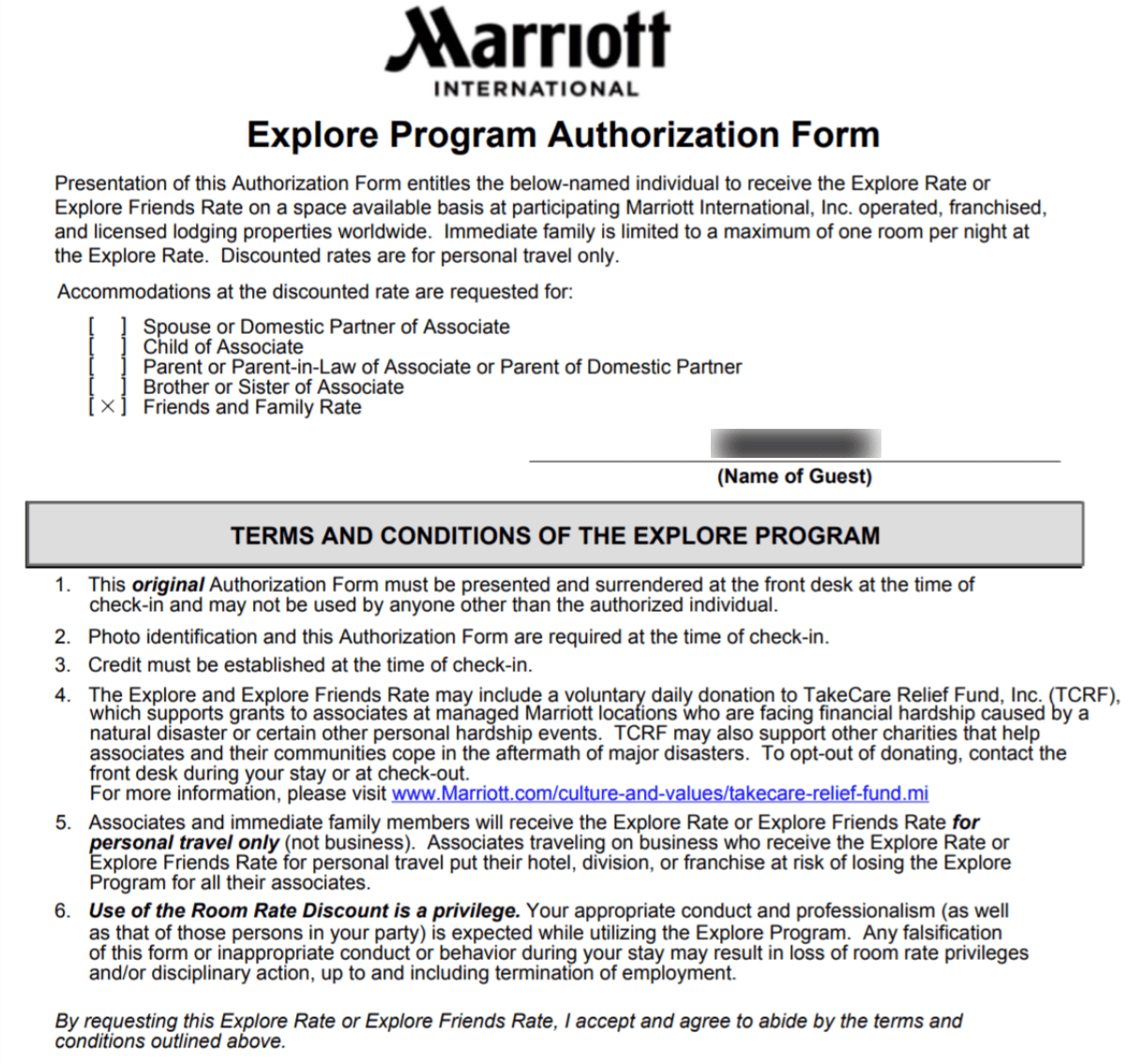 Explore by Marriott Bonvoy: Marriott Friends and Family Rate (MMF) 3 authorization form