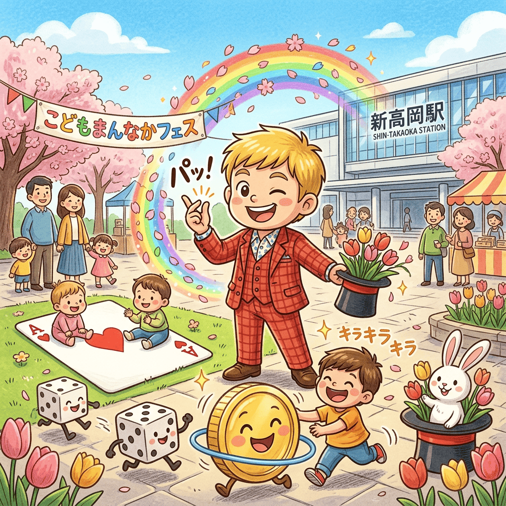 【3/22開催】たかおか こどもまんなかフェス2026|新高岡駅南口公園で遊び尽くそう! 2 こどもまんなかフェス2026 春の新高岡駅前公園でマジックショーや屋台を楽しむ親子連れのイラスト