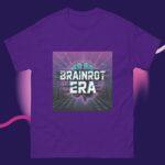 Purple Brainrot Era shirt: a Gen Z meme tee with retro glitch art featuring a neon brain. Unisex cotton graphic t-shirt with cyberpunk vibes.