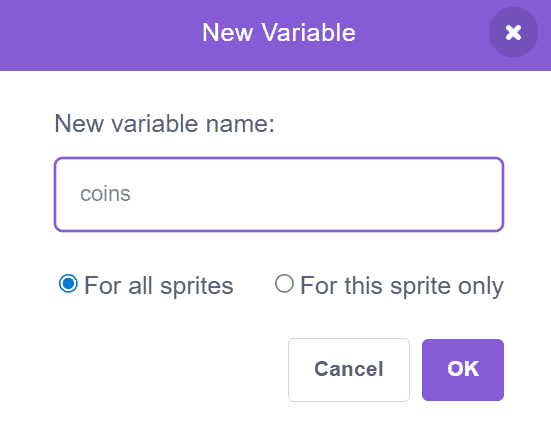 Scratch new variable dialog showing coins variable name and For all sprites radio button selection