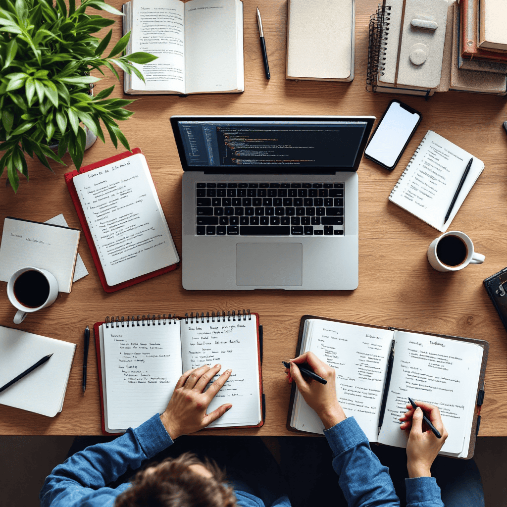 image depicts a collaborative and productive coding environment. It features two individuals working together at a wooden desk, surrounded by books, notebooks, and a laptop displaying code. The scene emphasizes learning, teamwork, and problem-solving in programming. The open notebooks show handwritten notes and code snippets, suggesting a focus on understanding and applying coding concepts, such as saving the width of a div in CSS. The inclusion of coffee, a plant, and a smartphone adds a personal and relatable touch, creating a warm and engaging atmosphere for developers or learners.