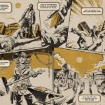 Vignette de bande dessinée de style rétro illustrant un conflit avec des personnages armés, bâtiments historiques, et une scène évoquant la restauration d'une vieille ville, concept de réhabilitation urbaine et patrimoine.