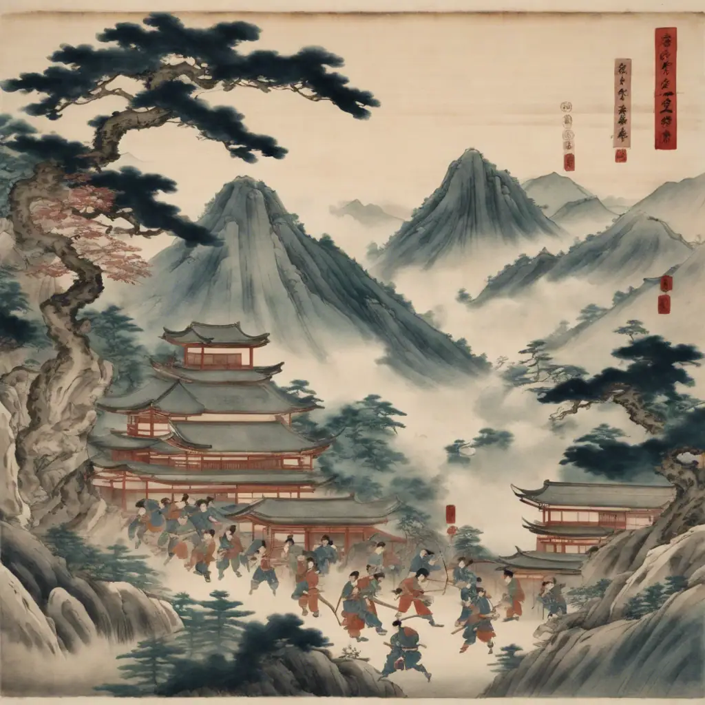 Ancienne peinture chinoise représentant des temples et des montagnes au style traditionnel, avec un groupe de personnes en mouvement dans un paysage montagneux et boisé.