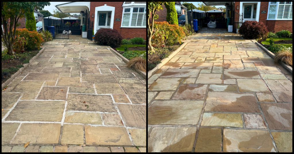 Before after Indian sandstone driveway cleaning Newcastle-under-Lyme - weed removal resanding Williams Exterior Shine Staffordshire