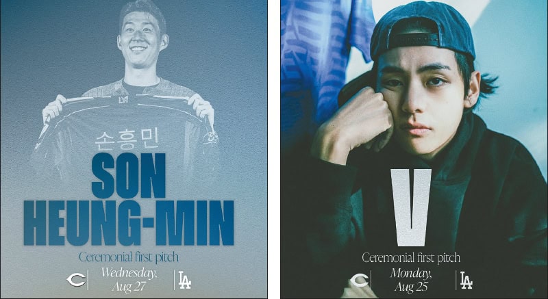 Los Angeles Dodgers Instagram post promoting Son Heung-min first pitch and BTS V first pitch at Dodger Stadium