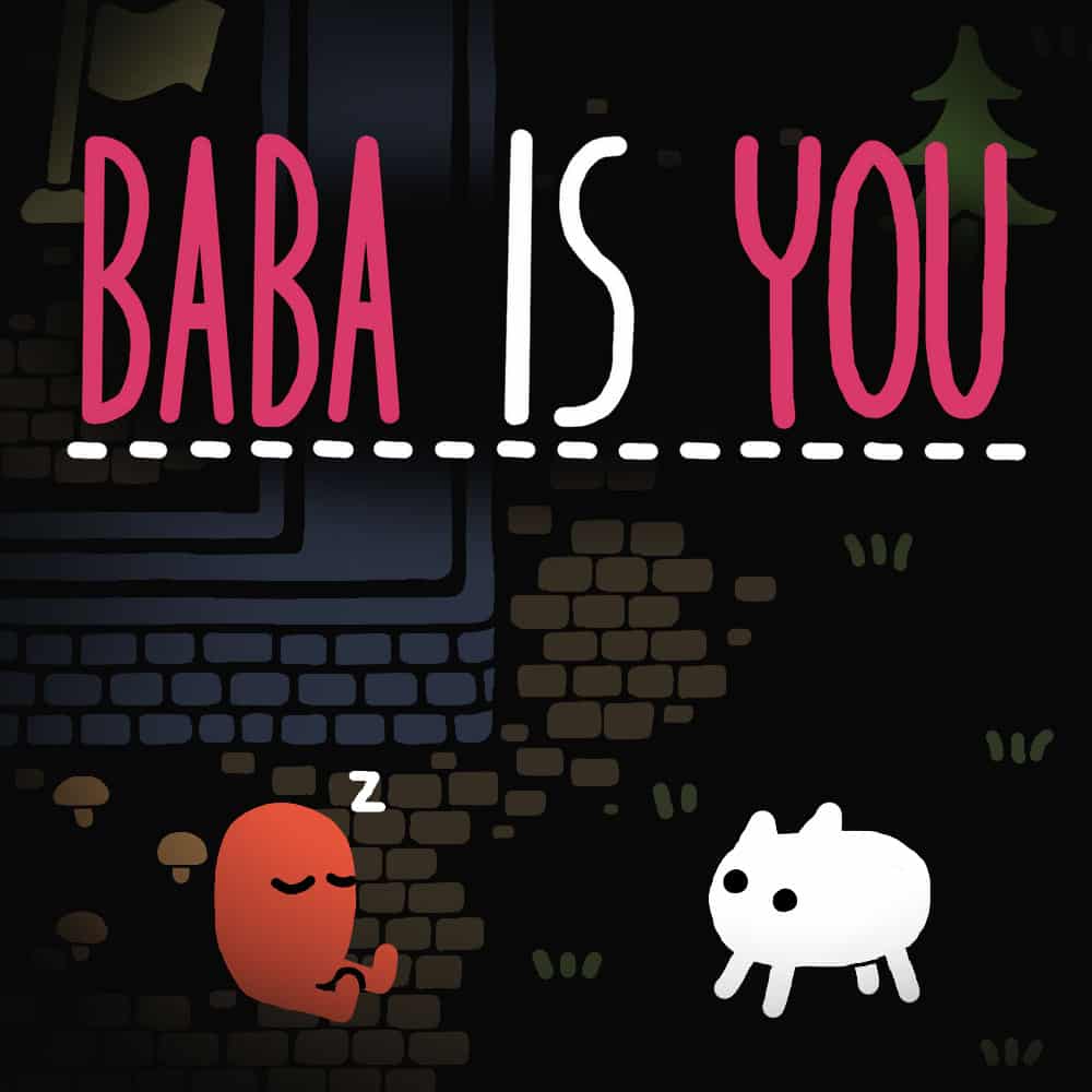 Baba is you jeu vidéo puzzle créatif et innovant, illustration mignonne avec un personnage endormi et un chien dans un décor urbain coloré, idéal pour fans de jeux de réflexion, histoire captivante et gameplay unique.