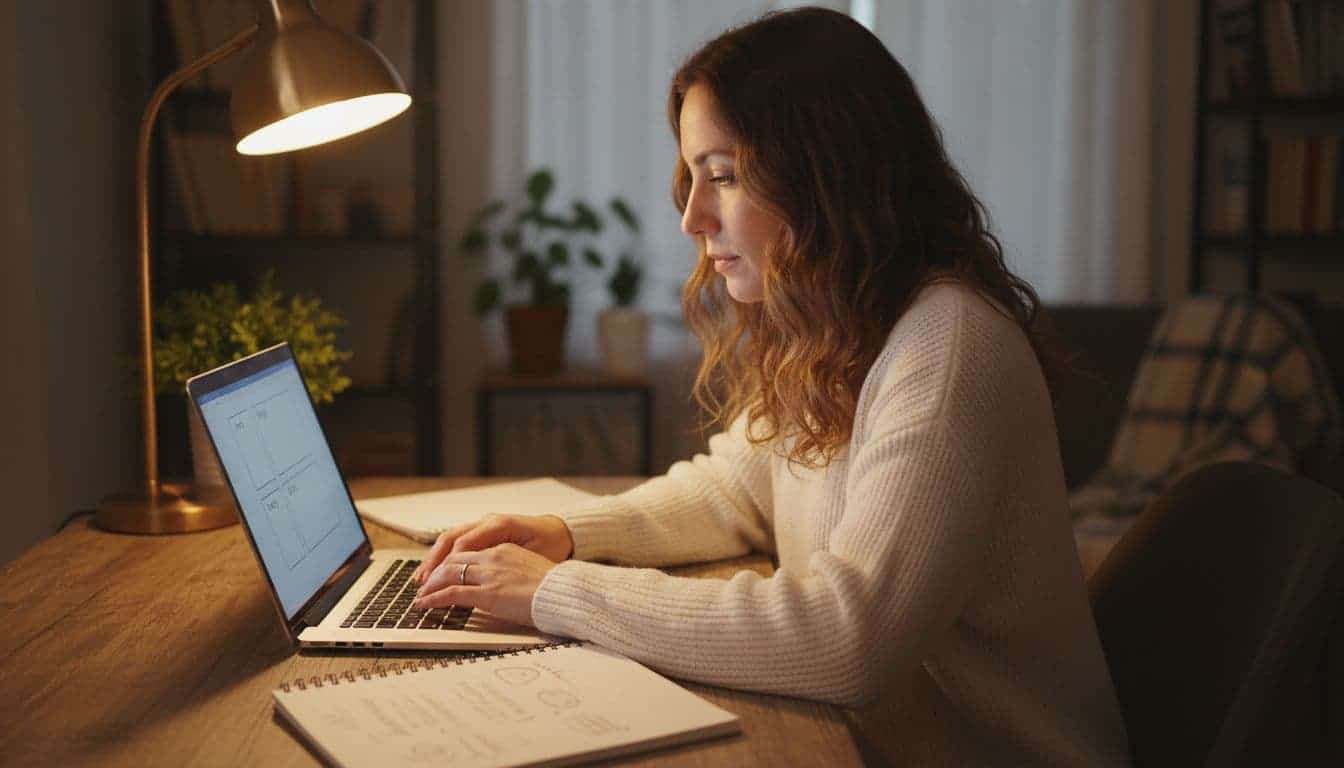 How Beginner Bloggers Get Traffic: Offer-First Blog Posts for Traffic, Subscribers, and Sales 4 Blogger types on laptop in cozy home office; screen shows faint intro-body-CTA outline, notebook open nearby.