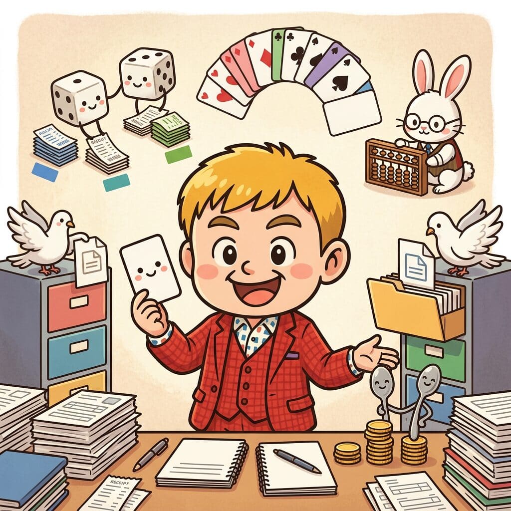 事務所をまるごとIDE×AI×Obsidianで管理してみたら世界が変わった。経理も発信も資料作成も、一人で5人分の仕事がこなせるようになった話 3 IDE×AIで経理・財務データを丸ごと管理。擬人化したサイコロがレシートを仕分け、トランプがグラフを作成し、うさぎがそろばんで計算するチビキャラ風イラスト