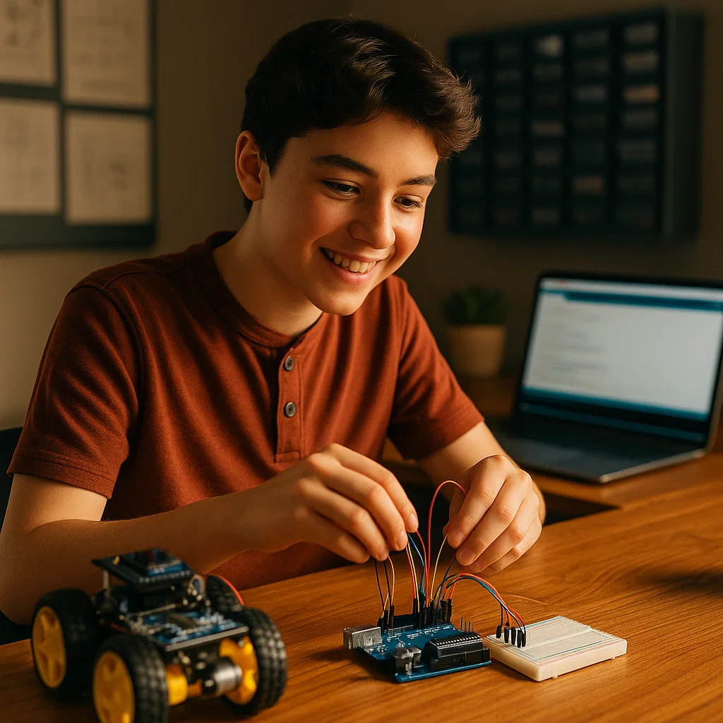 Teen student building Arduino robotics science fair project at workbench connecting circuit wires to breadboard with laptop displaying code