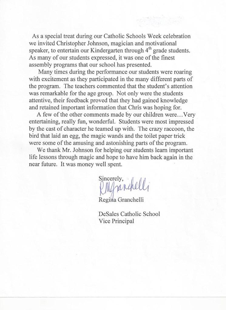testimonial letter for primary elementary and middle school assembly performer Cris Johnson