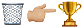 Trash can, pointing hand, and trophy emoji in sequence.