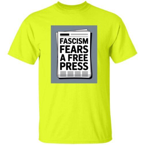 1049-15360-107796389 Neon yellow "Fascism Fears A Free Press" men's graphic tee. Heavy cotton political shirt with newspaper print, ideal activist apparel for rallies & protests.