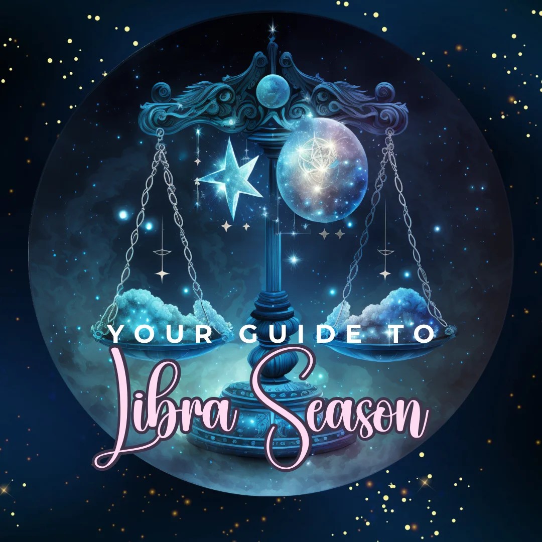 Libra Season Guide 2025 5 A celestial-themed scale with clouds, stars, and planets balanced on its pans; text overlaid reads Your Libra Season Guide 2025 in elegant fonts against a starry night sky background.