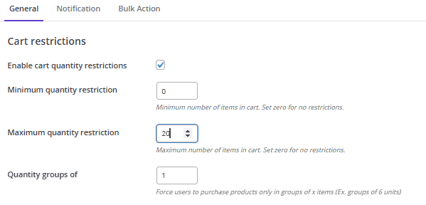 Set restriction rule on cart quantity using ithemeland woo min max plugin
