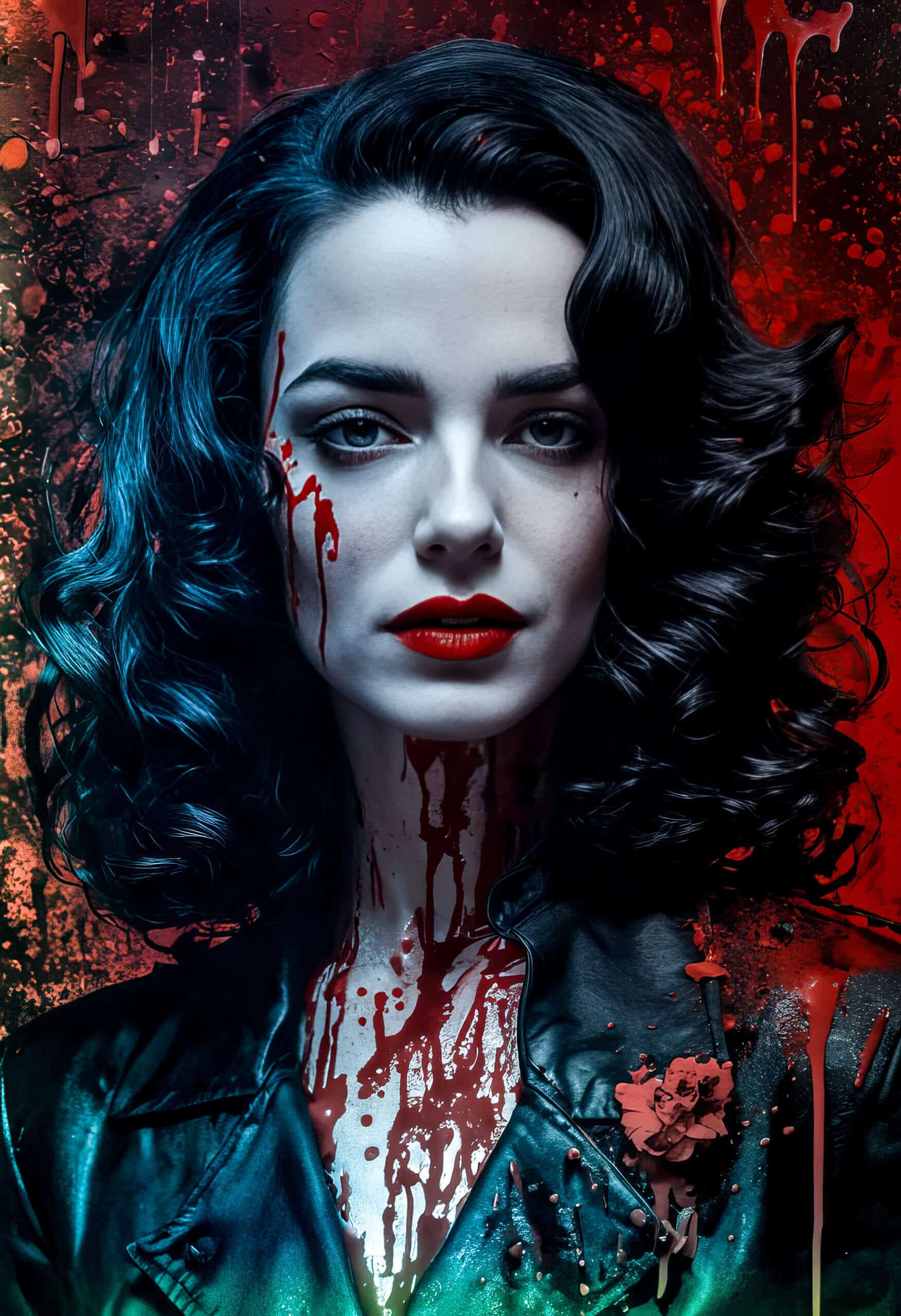 Dark stylised illustration of a woman with black hair against a red background.