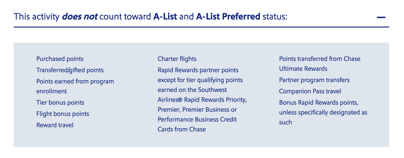 Southwest A-List vs. A-List Preferred: Elite Status Benefits Guide (U.S. Travelers) 3 activity does not count toward elite status