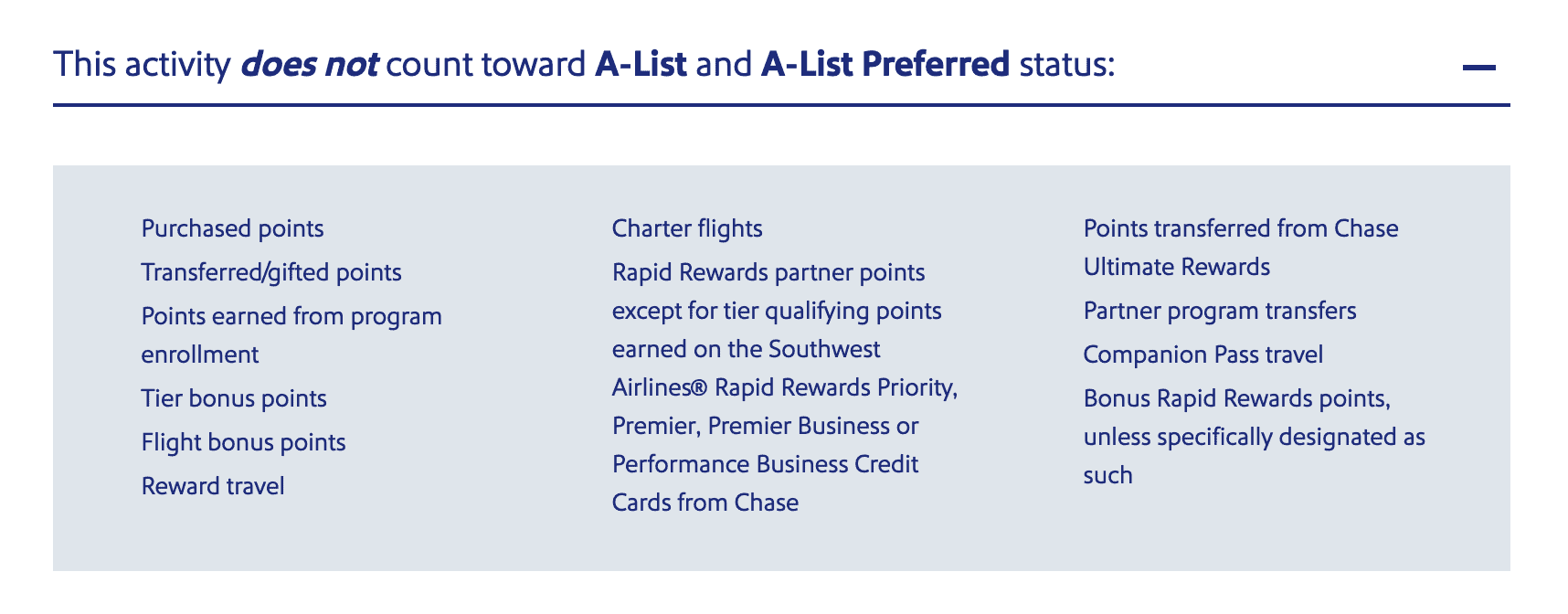 Southwest A-List vs. A-List Preferred: Elite Status Benefits Guide (U.S. Travelers) 3 activity does not count toward elite status
