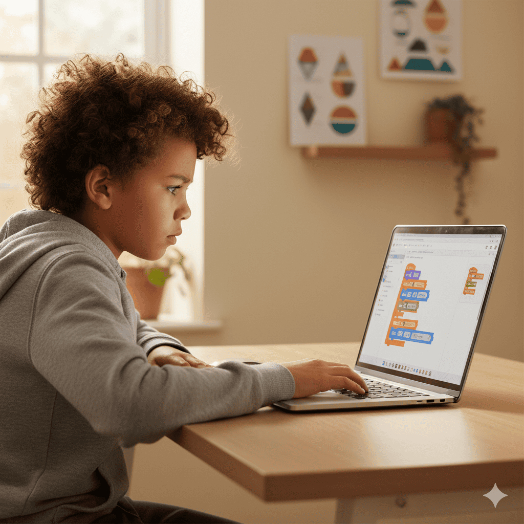 Child learning Scratch block coding on laptop showing visual programming interface with colorful code blocks and sprites