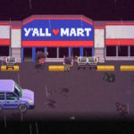 Véritable image pixel art d'un jeu vidéo de style rétro dans un parking d'un centre commercial appelé "YALL MART" par temps pluvieux, avec des personnages en pixel, une voiture, des chariots et des éléments urbains.