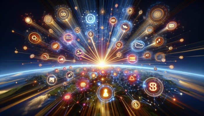 Digital Marketing in Bath for Small Business: A vibrant digital landscape with nodes representing various marketing channels converging on a glowing product.