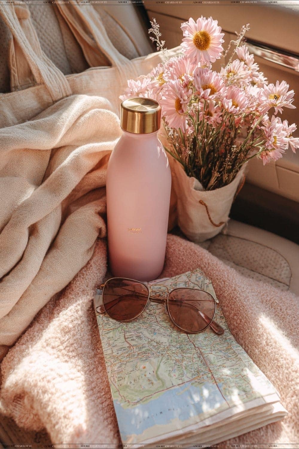 Long Road Trip - Water bottle, glasses and road map. Some of the essentials.