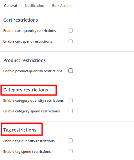 Category and tag restricion details